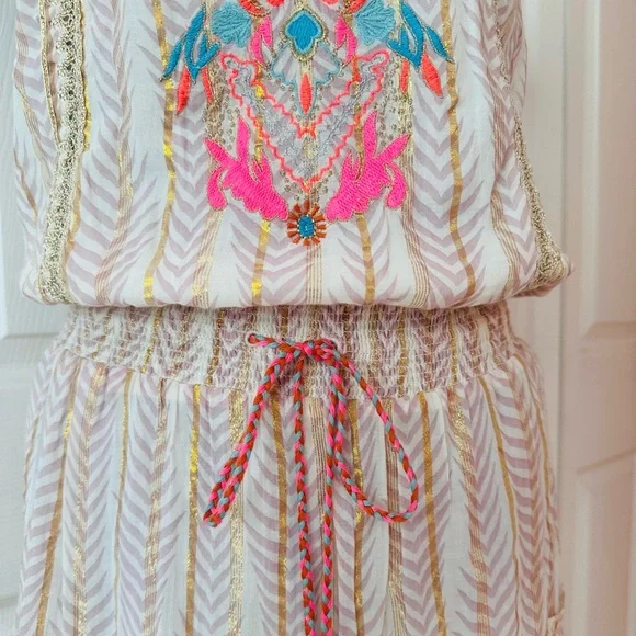 VENUS ~ Creams, Pinks, and Golds Embroidered Lace Glitter Tube Top Maxi Dress - Picture 9 of 11